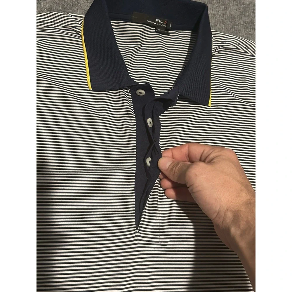 RLX Ralph Lauren White Blue Striped Large Polo Shirt Performance MGC 1915 Golf